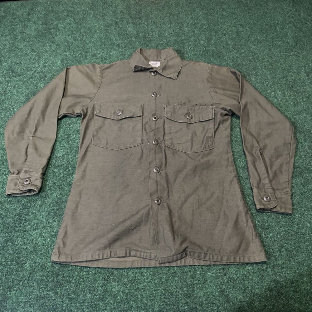 Vintage 70s US Army OG-107 Utility Shirt Vietnam Era Wynn Sateen 14.5x31